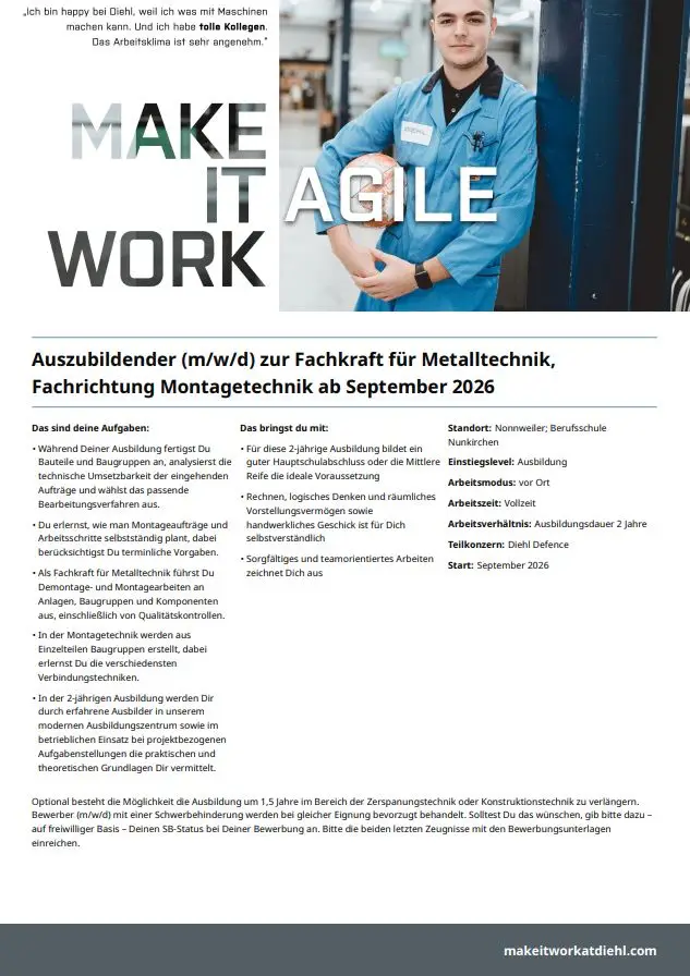 Titelbild - Ausbildung (m/w/d) zur Fachkraft für Metalltechnik, Fachrichtung Montagetechnik ab September 2026