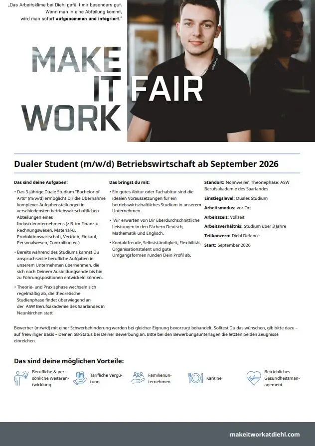Titelbild - Duales Studium (m/w/d) Betriebswirtschaft ab September 2026