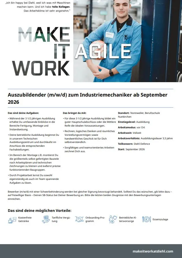 Titelbild - Ausbildung (m/w/d) zum Industriemechaniker ab September 2026